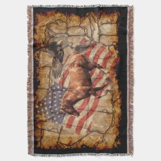 Cantering Western Horse w Bald Eagle en US Flag Deken (Voorkant Verticaal)