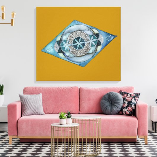 Canvas Atlantic Blue with Sacred Geometry Design  (Insitu (Woonkamer))