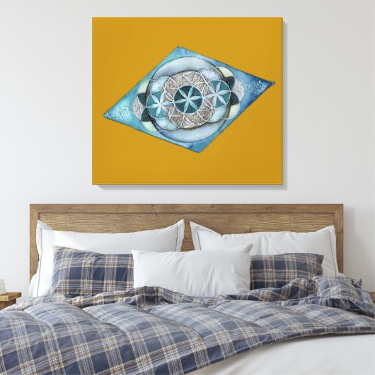 Canvas Atlantic Blue with Sacred Geometry Design  (Insitu (Slaapkamer))