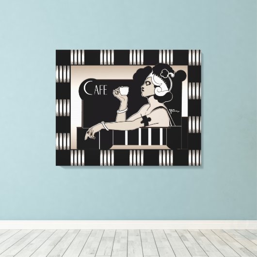 Canvas Cafe Art Deco Streep Zwart Zilver (Insitu (Houten vloer))