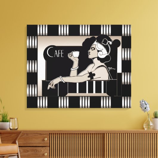 Canvas  Cafe Art Deco Streep Zwart Zilver Afdruk (Insitu (Woonkamer))