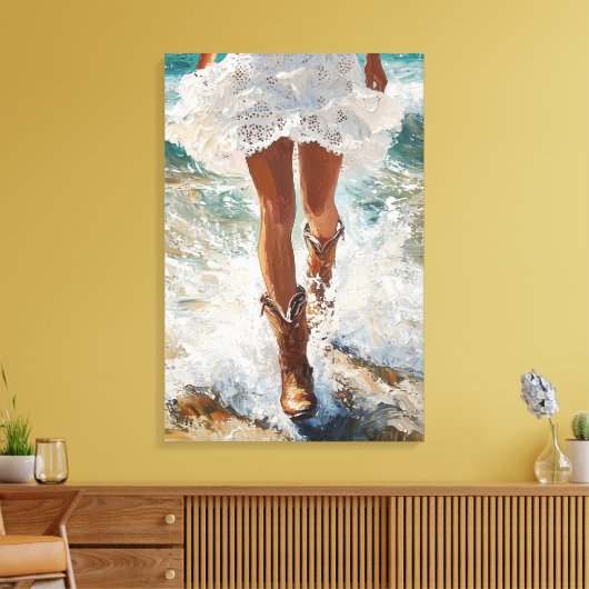 Canvas Cowgirl Wandelen op het strand Westerne kun (Insitu (Woonkamer))