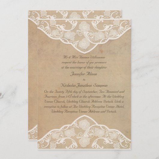 Canvas en Lace Effect bruiloft uitnodigingen (Voorkant / Achterkant)