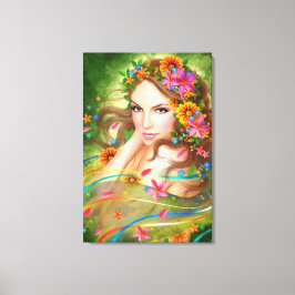 Canvas Fantasie Mooie fee vrouw met bloemen Afdruk