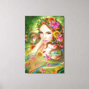 Canvas Fantasie Mooie fee vrouw met bloemen Afdruk