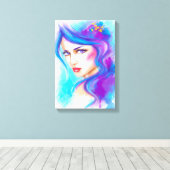 Canvas Fantasie Mooie vrouw met blauwe bloemen (Insitu (Houten vloer))