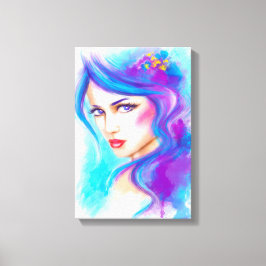 Canvas Fantasie Mooie vrouw met blauwe bloemen Afdruk