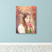 Canvas Fantasy vrouw portret hert (Insitu (Houten vloer))