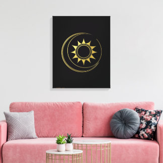 Canvas Gouden Hemelse Harmonie Maan Zon Kunst Afdruk