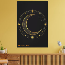 Canvas Luxe Zwart Goud Hemels Maan Kunst Afdruk