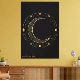 Canvas Luxe Zwart Goud Hemels Maan Kunst Afdruk