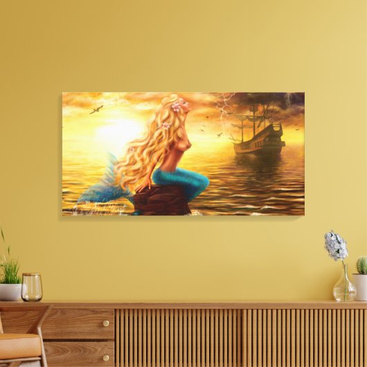 Canvas Mermaid sunset Afdruk (Insitu (Woonkamer))