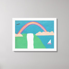 Canvas met regenboog en waterval scène afdruk
