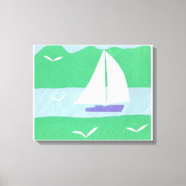 Canvas met zeilboot en groene bergen afdruk