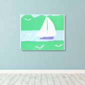 Canvas met zeilboot en groene bergen afdruk (Insitu (Houten vloer))