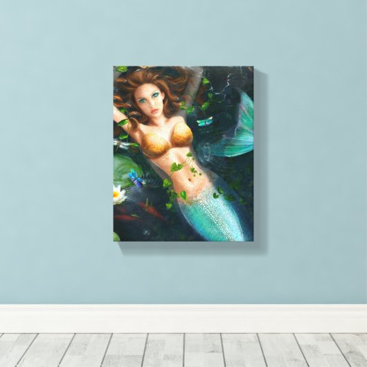 Canvas Mooie zeemeermin in meer met leugens (Insitu (Houten vloer))