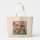 Canvas tas-Cup en koffiebonen met bloemontwerp Grote Tote Bag (Achterkant)
