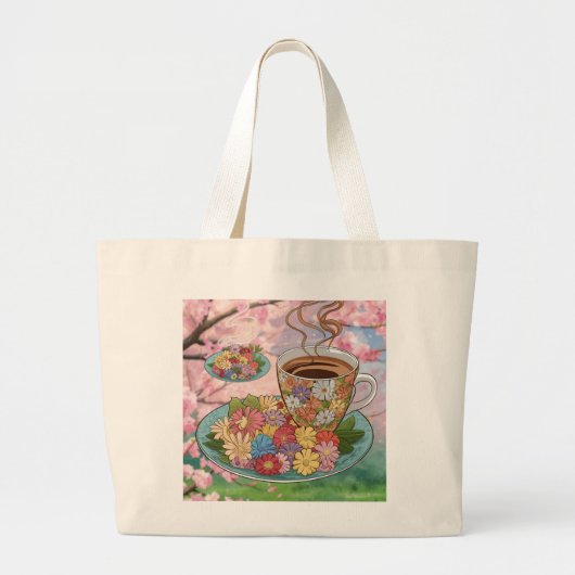 Canvas tas-Cup en koffiebonen met bloemontwerp Grote Tote Bag (Voorkant)