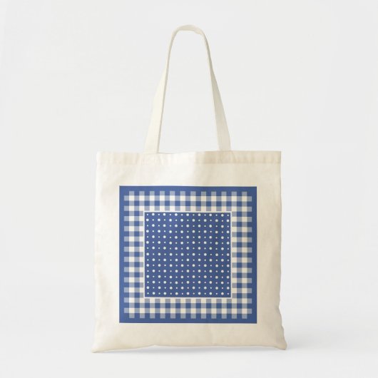Canvas tas, donkerblauw, witte pooldots en cheques tote bag (Voorkant)