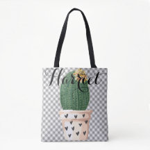 Canvas tas Gingham met  Cactus pot