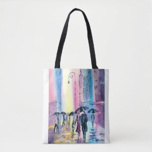Canvas tas met een scène van een paar dat in regen