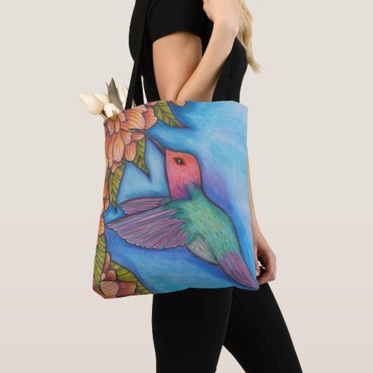 Canvas tas met kolibrie en bloemen potlood kunst (Dichtbij)