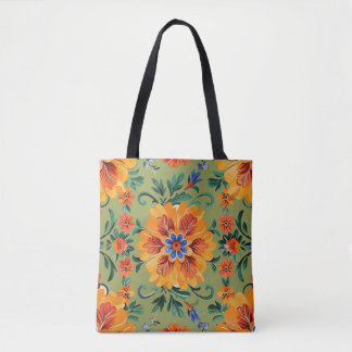 Canvas tas met oranje bloemetjes op salie groen