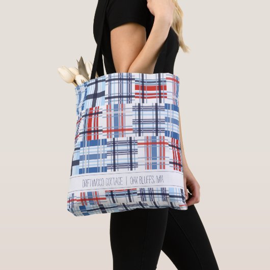 Canvas tas met rode, witte en blauwe Madras met te (Dichtbij)
