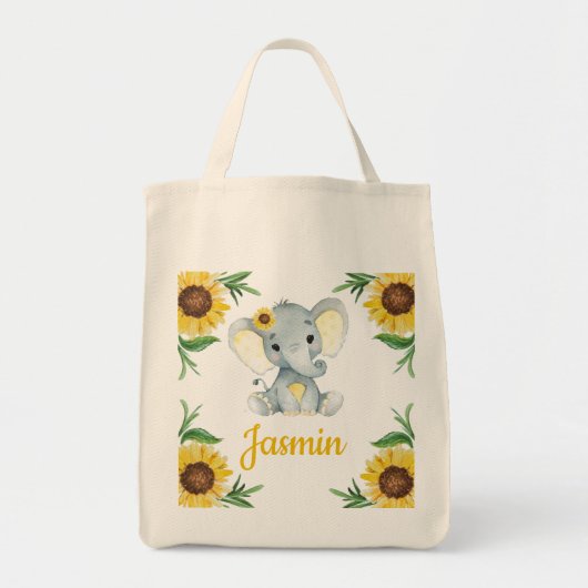 Canvas tas met zonnebloem, naam olifant (Voorkant)