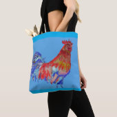 Canvas tas Rode en blauwe Waterverf Rooster (Dichtbij)