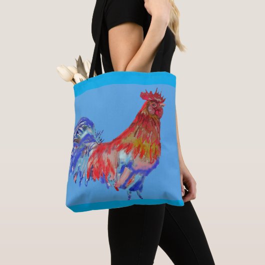 Canvas tas Rode en blauwe Waterverf Rooster (Dichtbij)