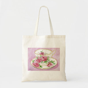 canvas tas - Teacup & Saucer - Floral roze rozen