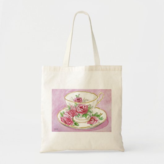 canvas tas - Teacup & Saucer - Floral roze rozen (Voorkant)