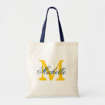 Canvas tas voor de marineverbinding van blauwe en<br><div class="desc">Navy blue en yellow bruiloft canvas tas met gepersonaliseerd monogram.  ontwerp met een stijlvol design. Aanpassen voor bruidsmeisjes,  bloemmeisjes,  eremiddel,  bruidsmoeder,  gasten,  enz. Elegant manuscripttekst voor naam. Goud initiaal.</div>