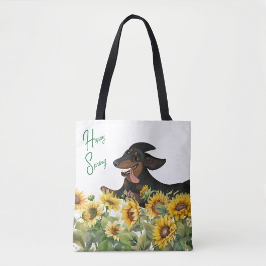 CANVAS TAS ZWARTE EN TAN DACHSHUND SUNFLOWERS (Voorkant)
