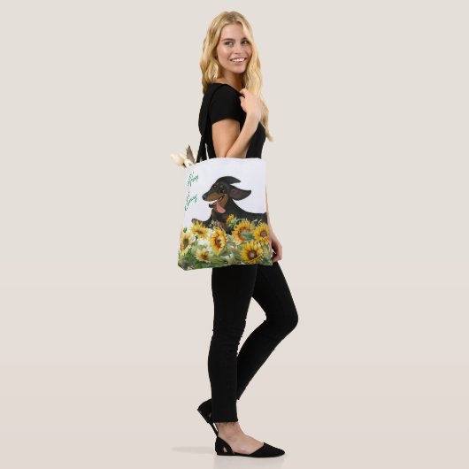CANVAS TAS ZWARTE EN TAN DACHSHUND SUNFLOWERS (Op model)