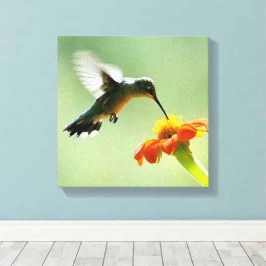 Canvas verpakte print van kolibrie en bloem (Insitu (Houten vloer))