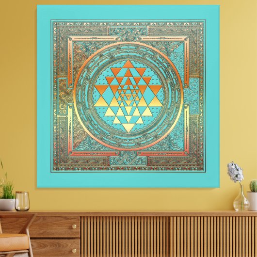 Canvas Yoga Manala Chakra Goud Symbool Turquoise (Insitu (Woonkamer))