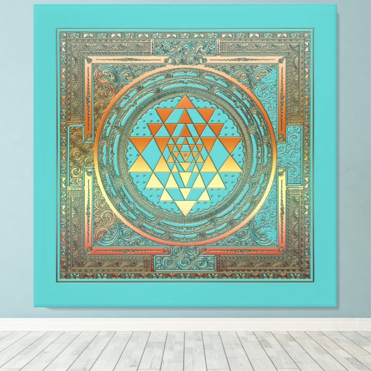 Canvas Yoga Manala Chakra Goud Symbool Turquoise (Insitu (Houten vloer))