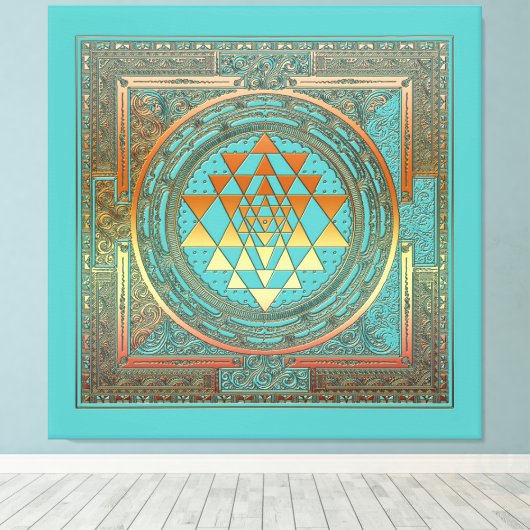 Canvas Yoga Manala Chakra Goud Symbool Turquoise (Insitu (Houten vloer))