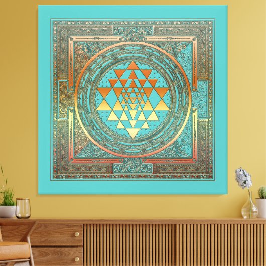 Canvas Yoga Manala Chakra Goud Symbool Turquoise (Insitu (Woonkamer))