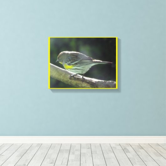 Canvasafdruk - Gele geborste vogel op filiaal Canvas Afdruk (Insitu (Houten vloer))