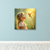Canvasprint (Meisje en kolibrie-2) Canvas Afdruk (Insitu (Houten vloer))