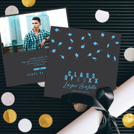 Cap Toss Gray & Blue Graduation Announcement Kaart