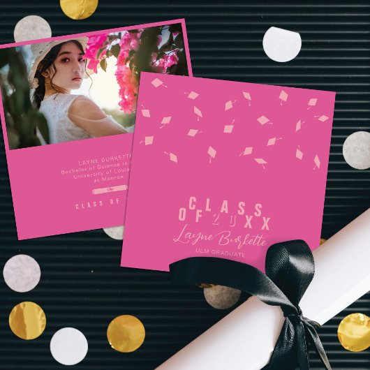 Cap Toss Pink & Blush Graduation Announcement Kaart