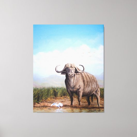 Cape Buffalo & Egret Een harmonie van kracht en gr Canvas Afdruk (Voorkant)
