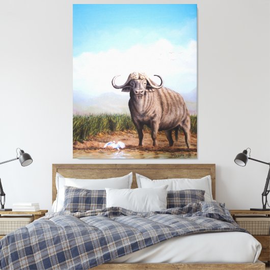 Cape Buffalo & Egret Een harmonie van kracht en gr Canvas Afdruk (Insitu (Slaapkamer))