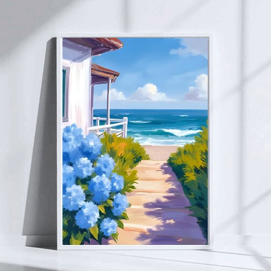 Cape Cod Beach Path | Hydrangea Coastal Painting Poster