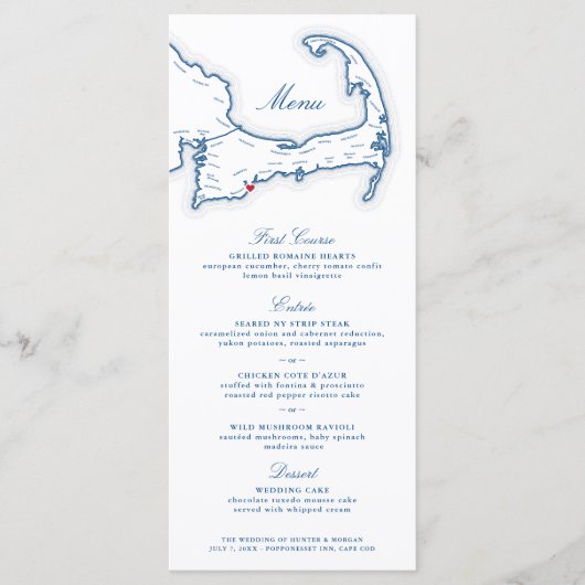 Cape Cod Bestemming Bruiloft Marine Blauw Menu (Voorkant)