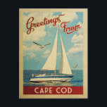 Cape Cod Briefkaart Sailboat  Massachusetts<br><div class="desc">Deze groeten van Kaapkabeljauw Massachusetts,  een oud stout-reisontwerp,  voorzien van een boot die op het water zeilt met zeemijlen en een blauwe hemel gevuld met prachtige witte wolken.</div>